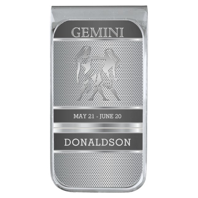 Gemini ♊ - Silver Metal Mesh - Personalize Silver Finish Money Clip (Front Vertical)