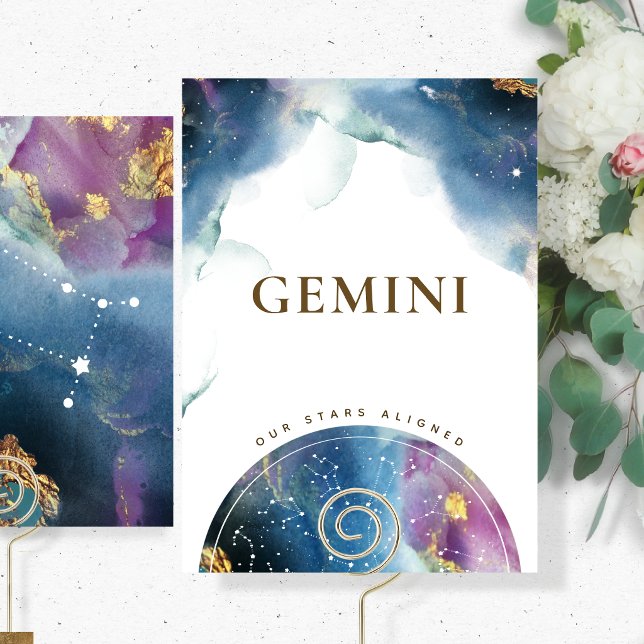 Gemini Table Number Sign Celestial Watercolor Card (Creator Uploaded)