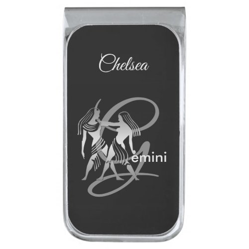 Gemini  the Twins _ Personalize  Silver Finish Money Clip