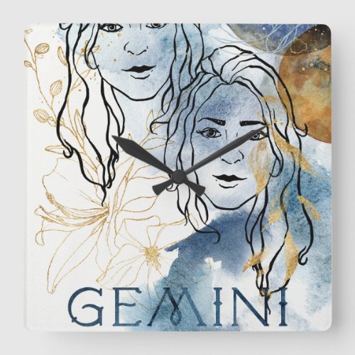 Gemini twins birthday zodiac astrology blue gold square wall clock