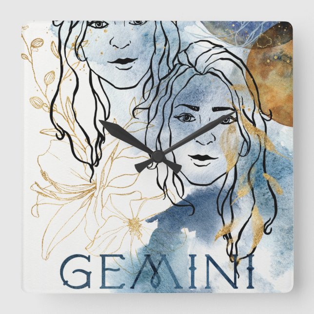 Gemini twins birthday zodiac astrology blue gold square wall clock (Front)