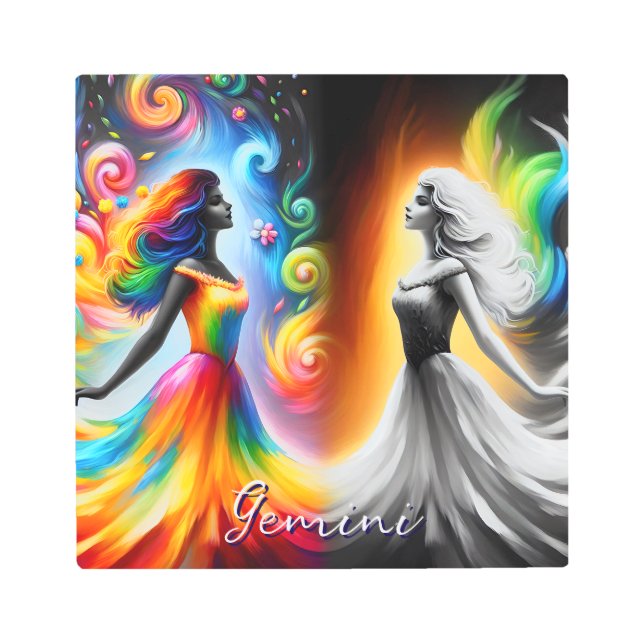 Gemini Twins Color & Black and White Horoscope Metal Print (Front)