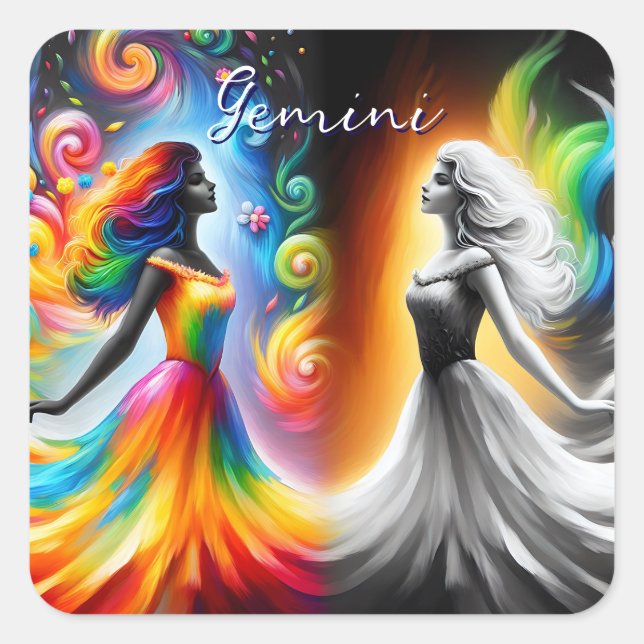 Gemini Twins Color & Black and White Horoscope Square Sticker (Front)