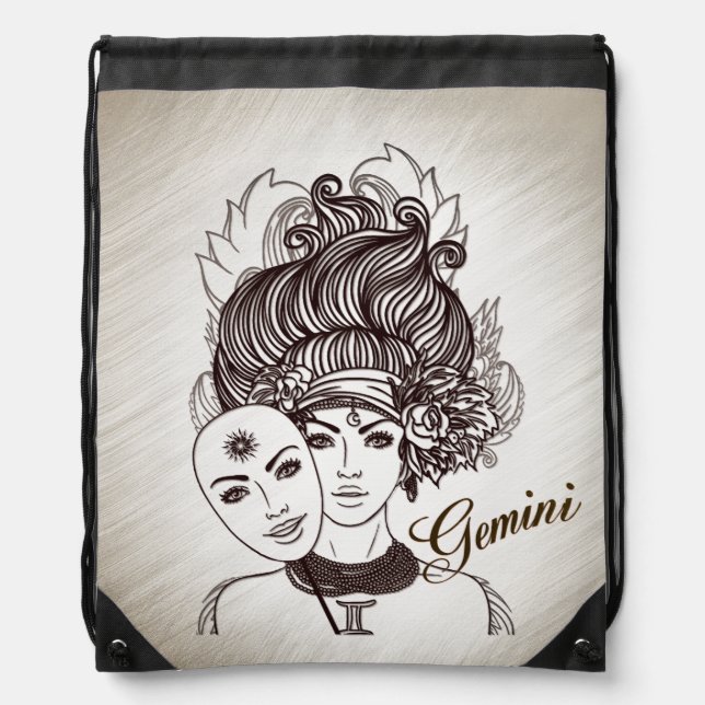 Gemini Twins Masked Lady Zodiac Drawstring Bag (Front)