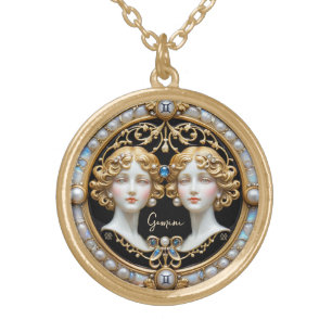 Gemini Twins, Pearl and Gold Personalized  Plated Necklace
