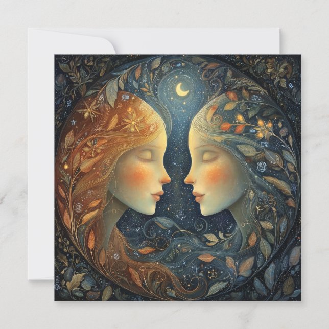 Gemini Twins Zodiac Astrology Celestial Birthday Card (Front)