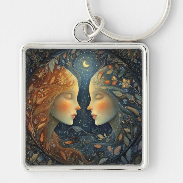 Gemini Twins Zodiac Astrology Celestial Birthday Keychain (Front)