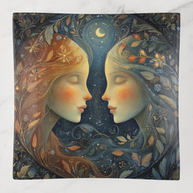 Gemini Twins Zodiac Astrology Celestial Birthday Trinket Tray (Front)