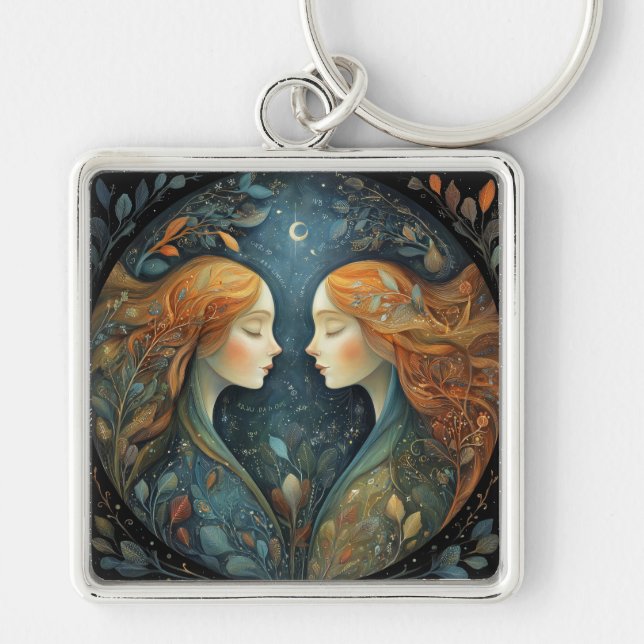 Gemini Twins Zodiac Astrology Mystical Birthday Keychain (Front)