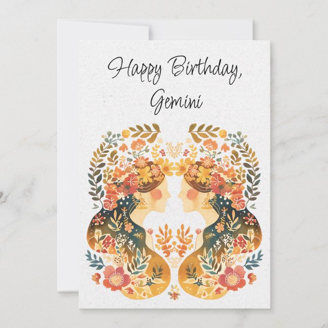 Gemini Twins Zodiac Boho Birthday Flat Card (Front)