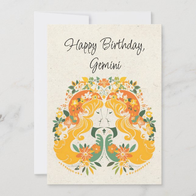 Gemini Twins Zodiac Floral Birthday Flat Card (Front)