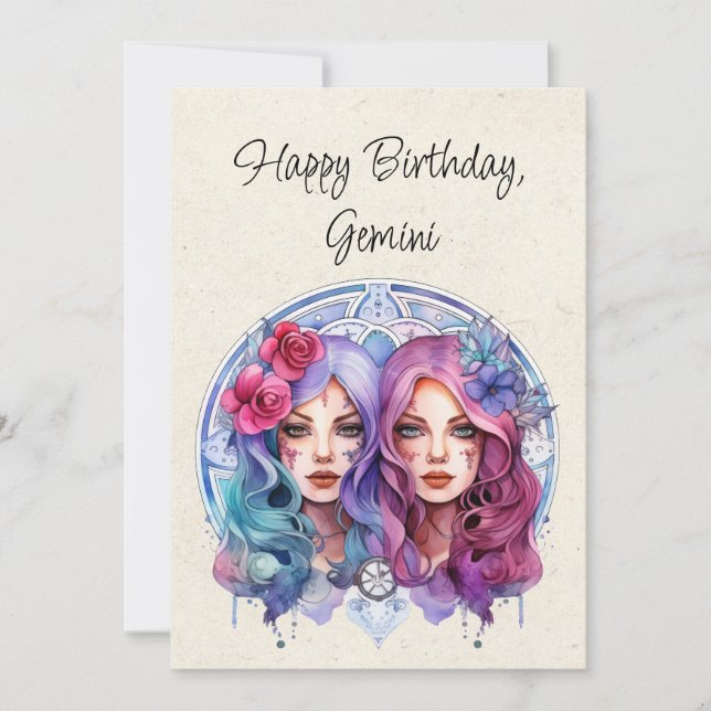 Gemini Twins Zodiac Watercolor Birthday Flat Card (Front)