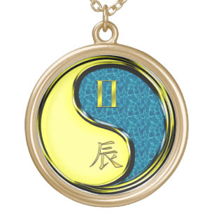 Gemini & Water Dragon Gold Plated Necklace
