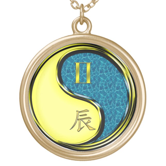 Gemini & Water Dragon Gold Plated Necklace (Front)