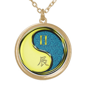 Gemini & Water Dragon Gold Plated Necklace