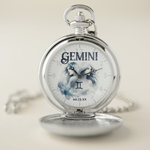 Gemini Watercolor Zodiac Sign Custom Birthday Pocket Watch