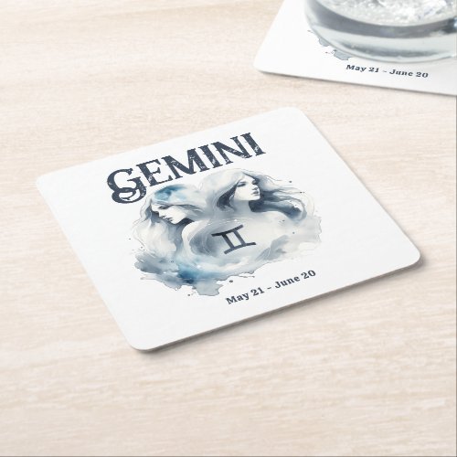 Gemini Watercolor Zodiac Sign Custom Birthday Square Paper Coaster