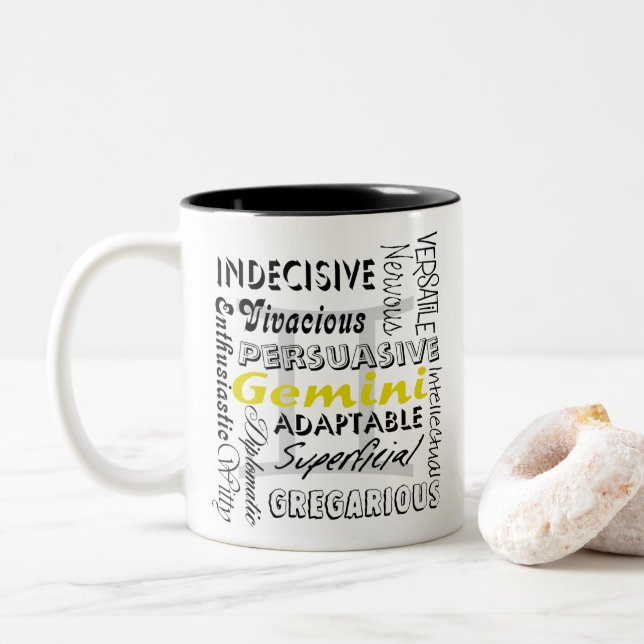 Gemini Zodiac Astrology Horoscope Traits Collage Two-Tone Coffee Mug (With Donut)
