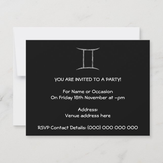 Gemini. Zodiac Astrology Sign. Black. Invitation (Front)