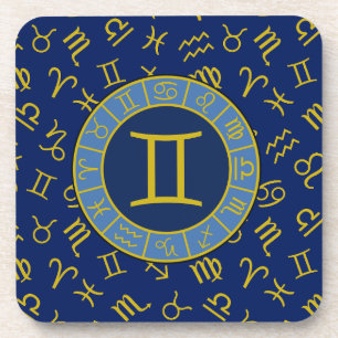 Gemini Zodiac+Astrology Symbols Pattern Gold+Blues Beverage Coaster