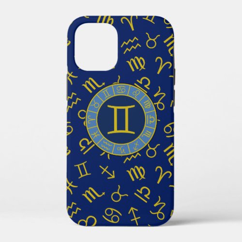 Gemini ZodiacAstrology Symbols Pattern GoldBlues iPhone 12 Mini Case