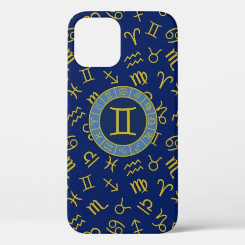 Gemini ZodiacAstrology Symbols Pattern GoldBlues iPhone 12 Case