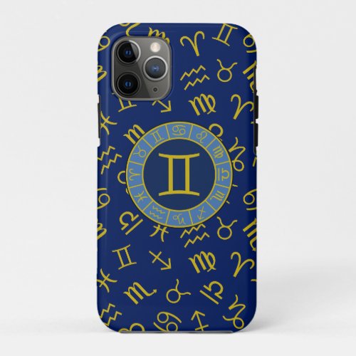 Gemini ZodiacAstrology Symbols Pattern GoldBlues iPhone 11 Pro Case