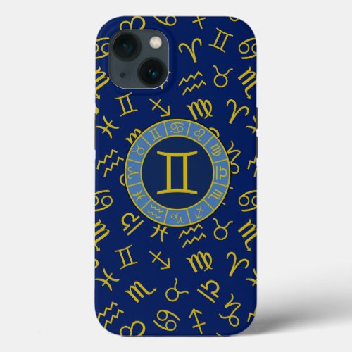 Gemini ZodiacAstrology Symbols Pattern GoldBlues iPhone 13 Case