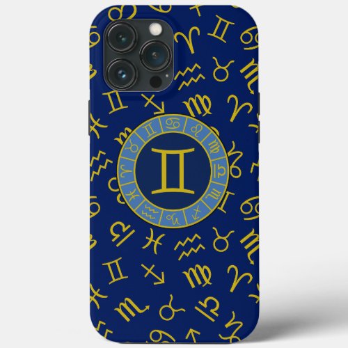 Gemini ZodiacAstrology Symbols Pattern GoldBlues iPhone 13 Pro Max Case