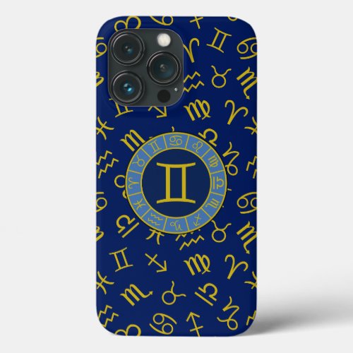 Gemini ZodiacAstrology Symbols Pattern GoldBlues iPhone 13 Pro Case