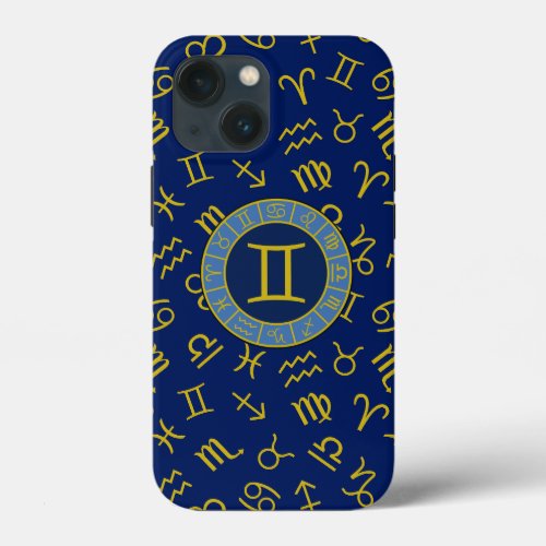 Gemini ZodiacAstrology Symbols Pattern GoldBlues iPhone 13 Mini Case