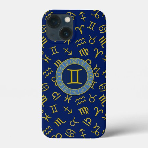 Gemini ZodiacAstrology Symbols Pattern GoldBlues iPhone 13 Mini Case