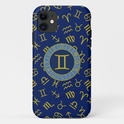 Gemini ZodiacAstrology Symbols Pattern GoldBlues iPhone 11 Case