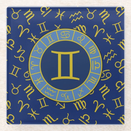 Gemini ZodiacAstrology Symbols Pattern GoldBlues Glass Coaster