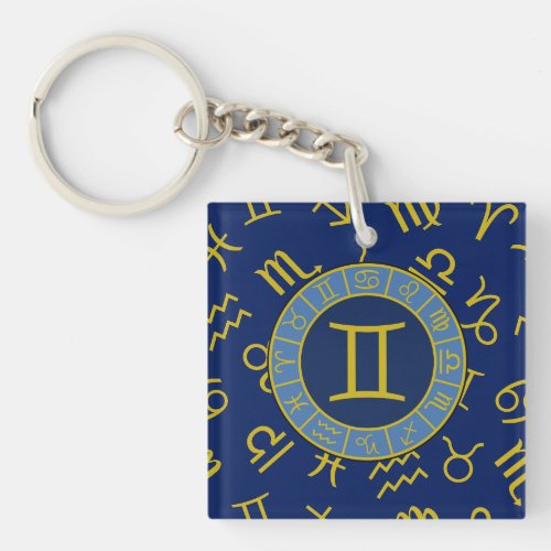 Gemini ZodiacAstrology Symbols Pattern GoldBlues Keychain