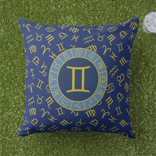 Gemini ZodiacAstrology Symbols Pattern GoldBlues Outdoor Pillow