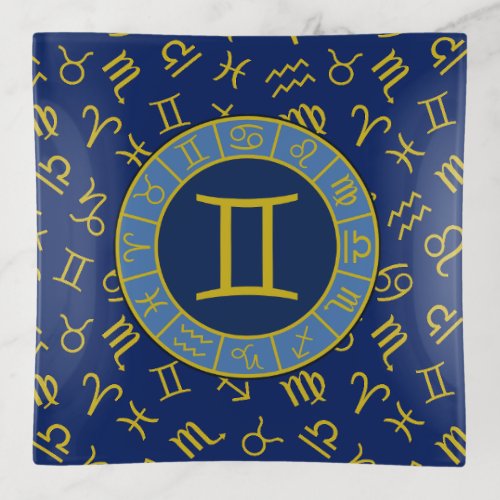 Gemini ZodiacAstrology Symbols Pattern GoldBlues Trinket Tray