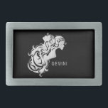 Gemini Zodiac Belt Buckle<br><div class="desc">Pretty silver twins on a black background along with matching text GEMINI. An excellent zodiac gift</div>
