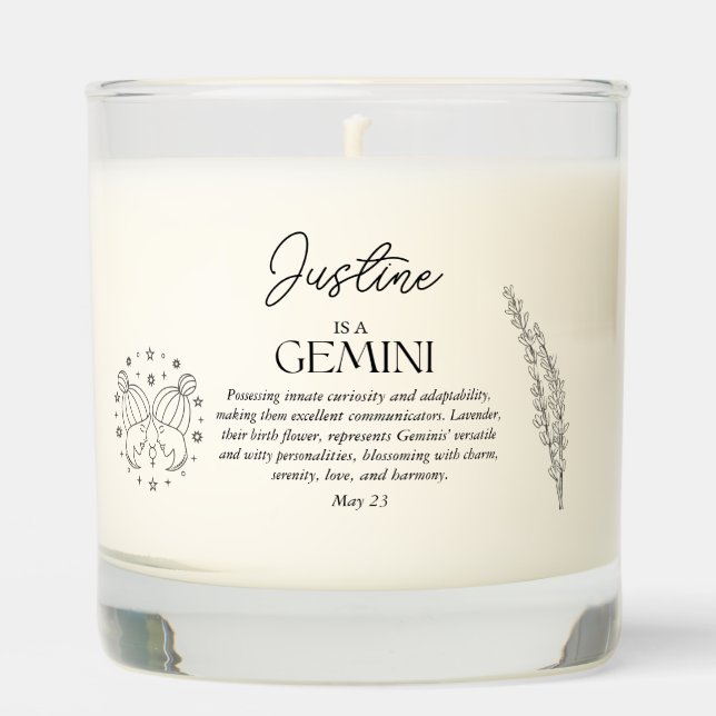 Gemini Zodiac Birth Sign Gift Vanilla Scented Candle (Front)