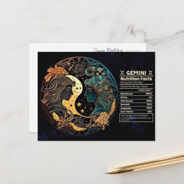 Gemini Zodiac Birthday Postcard (Front/Back In Situ)