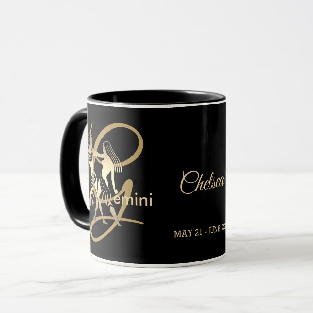 Gemini ♊ Zodiac Birthday Sign / Black and Gold Mug (Front Left)