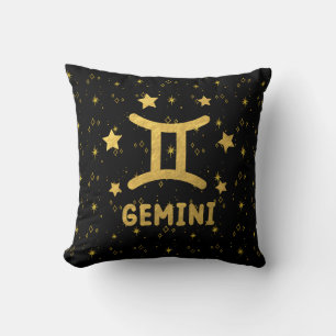 Gemini Zodiac Black and Gold Throw Pillow