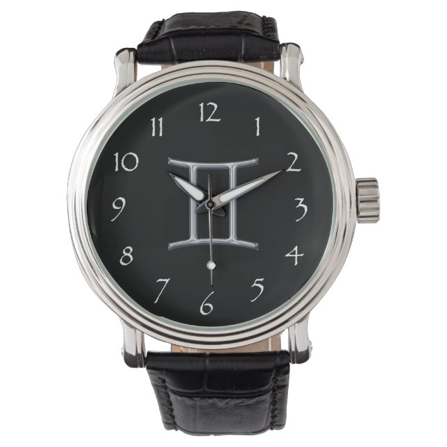 Gemini Zodiac-Black with Silver Horoscope Sign Watch (Front)