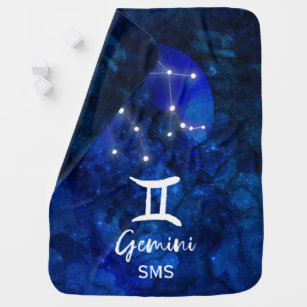 Gemini Zodiac Constellation Blue Galaxy Monogram Baby Blanket
