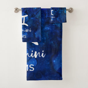 Gemini Zodiac Constellation Blue Galaxy Monogram Bath Towel Set