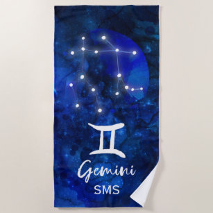 Gemini Zodiac Constellation Blue Galaxy Monogram Beach Towel