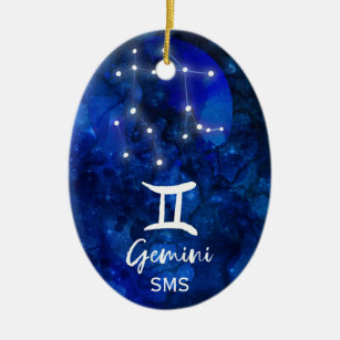Gemini Zodiac Constellation Blue Galaxy Monogram Ceramic Ornament