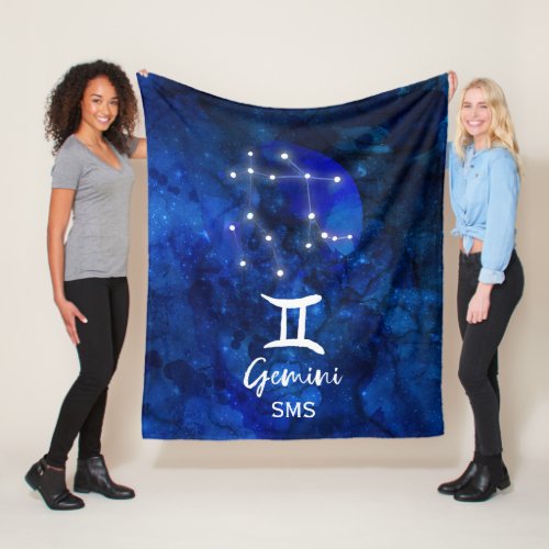 Gemini Zodiac Constellation Blue Galaxy Monogram Fleece Blanket