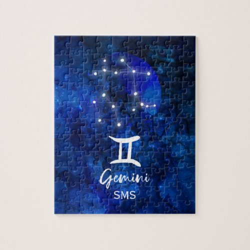Gemini Zodiac Constellation Blue Galaxy Monogram Jigsaw Puzzle