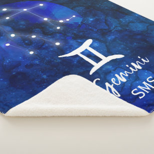 Gemini Zodiac Constellation Blue Galaxy Monogram Sherpa Blanket